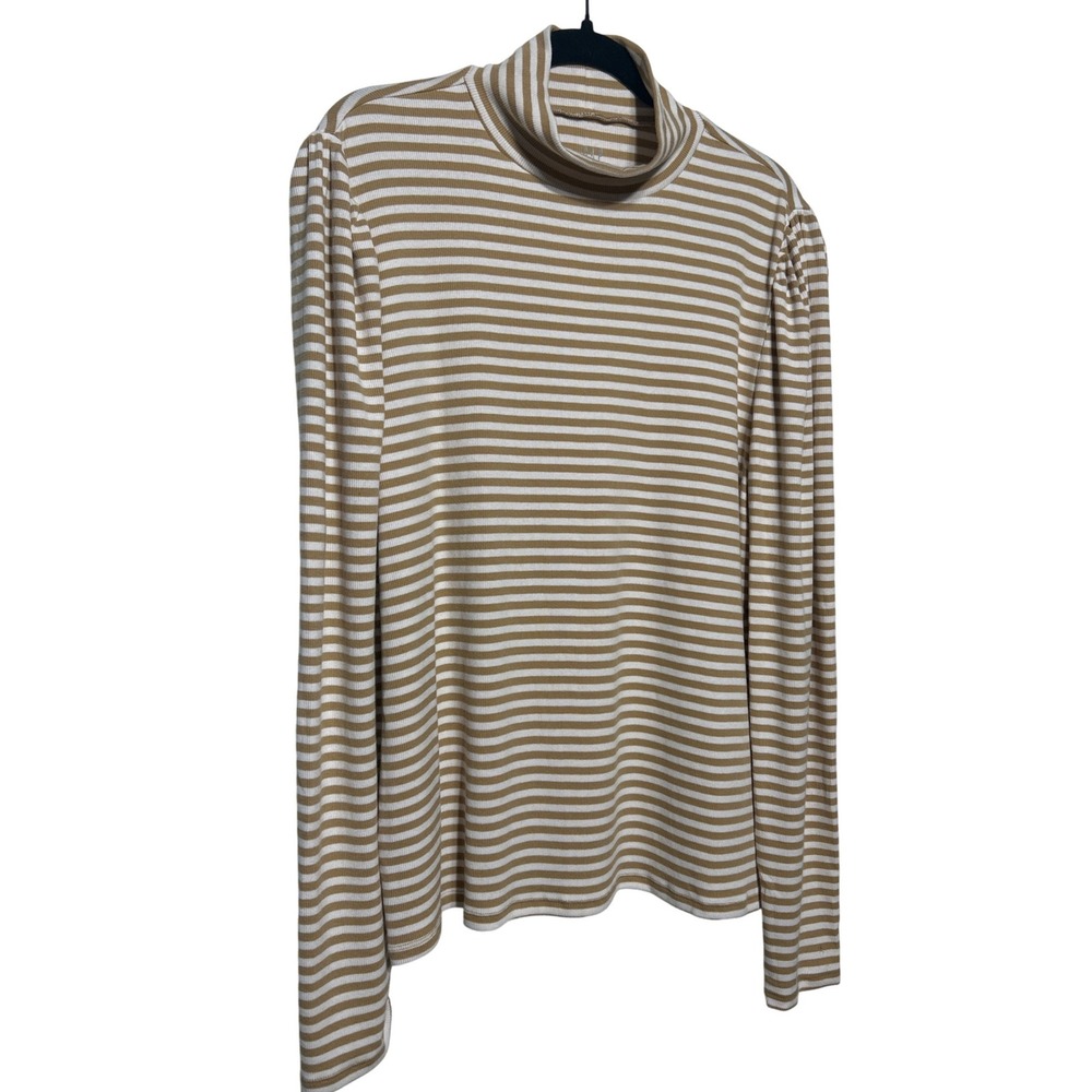 Gap Ruffle Shoulder Ribbed Stretch Mockneck Top Brown Ivory Stripe Size XXL EUC‎